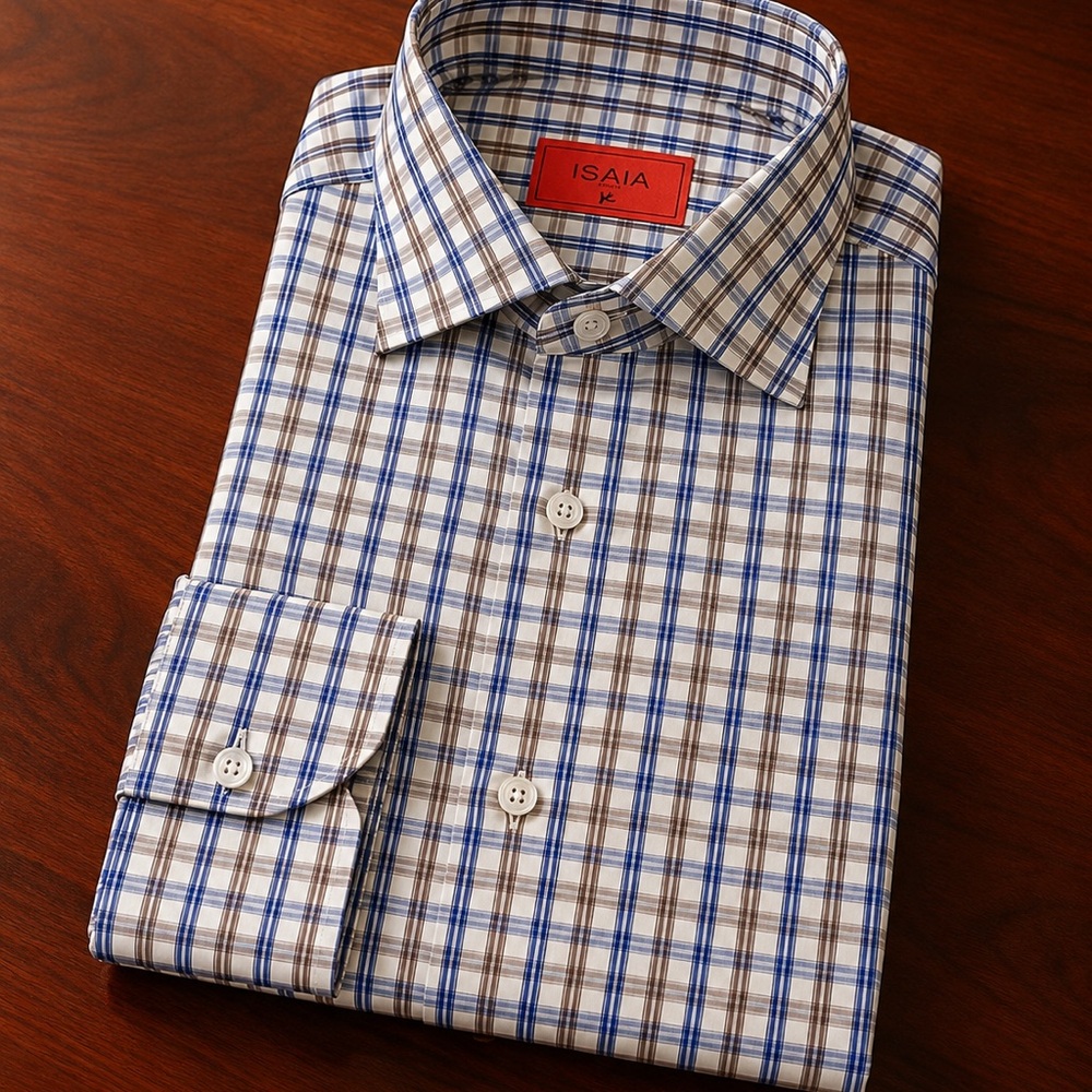 Isaia White Shirt with Blue and Brown Plaid